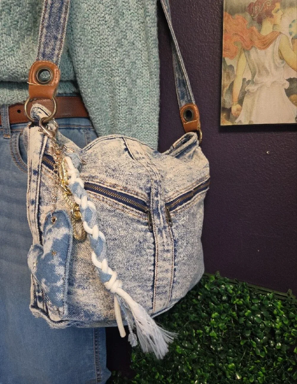 Handmade Acid Washed Denim Crossbody Bag With Doubble Front Pockets